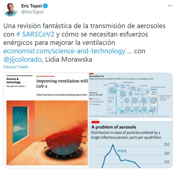 El tweet de Eric Topol sobre los aerosoles (Twitter: @EricTopol)
