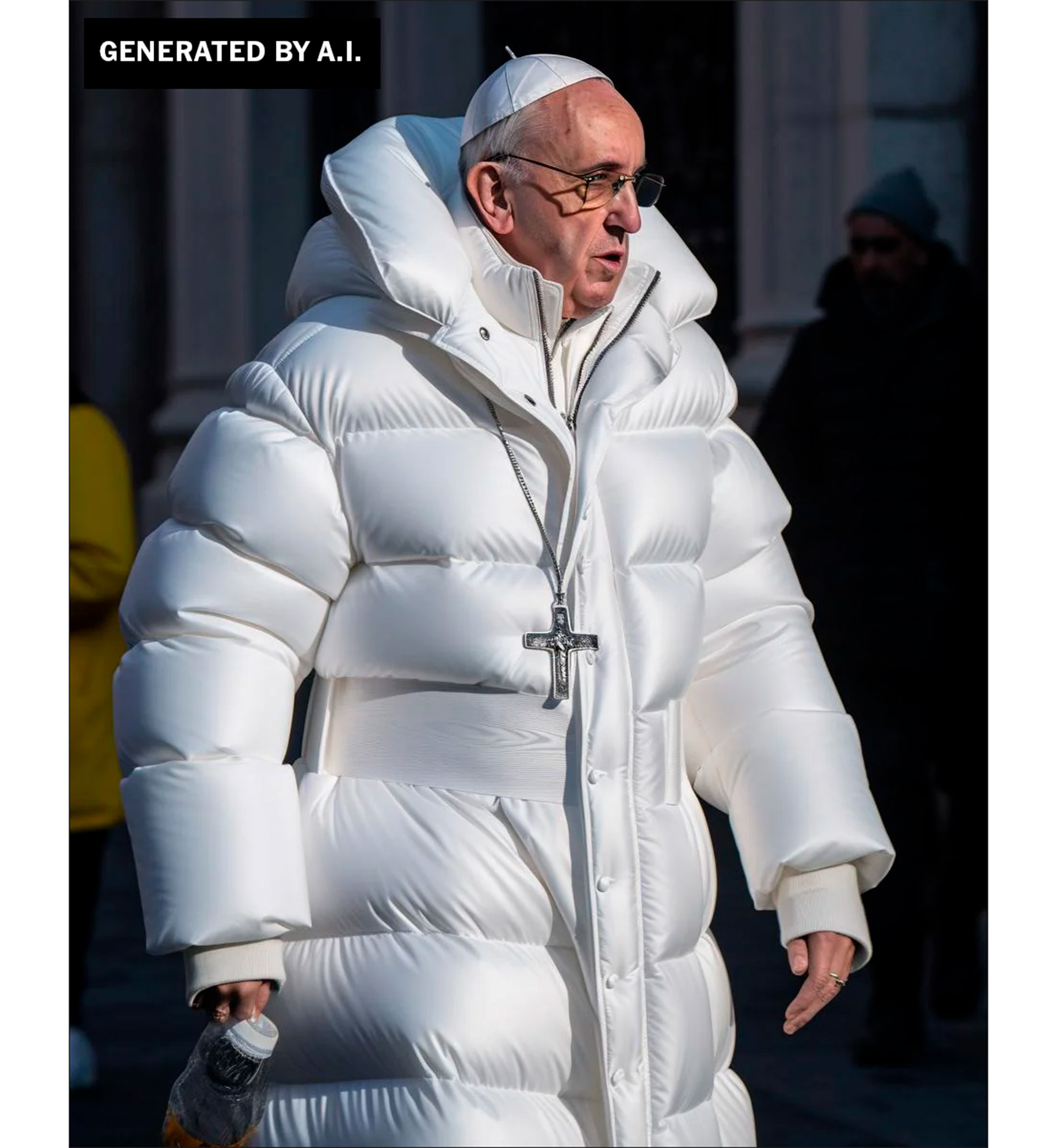 Una imagen impresa generada por IA que muestra al Papa Francisco con un abrigo acolchado de Balenciaga (via The New York Times)