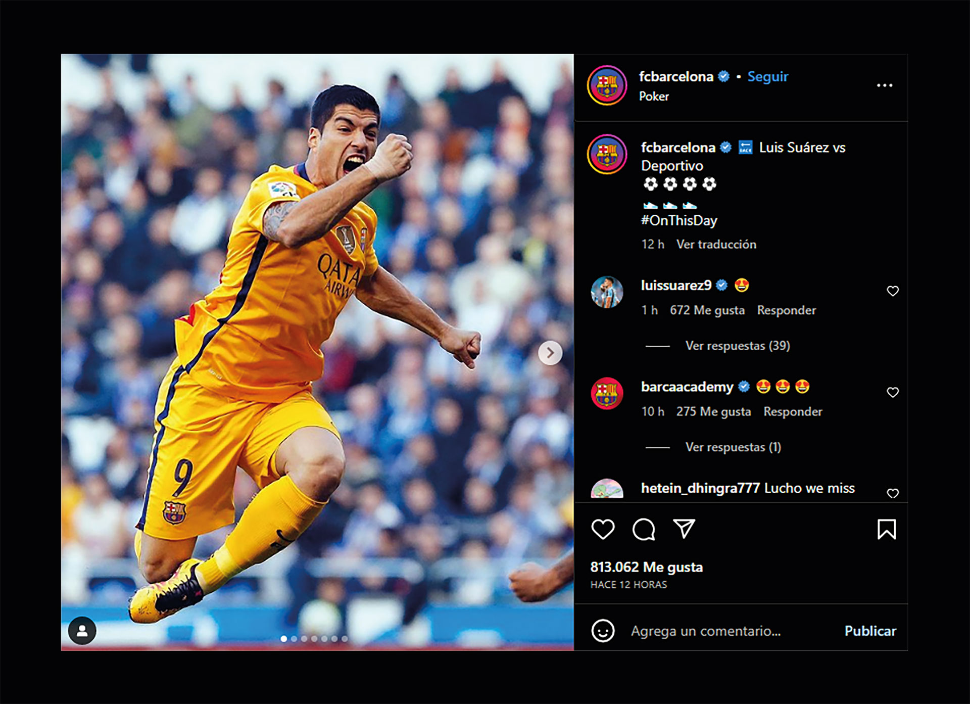 La publicación del FC Barcelona sobre un partido histórico de Luis Suárez que provocó la respuesta del uruguayo y su posterior mención a Lionel Messi