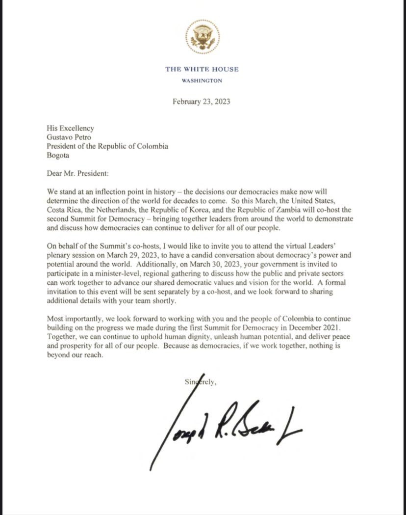 Carta de Joe Biden a Gustavo Petro.