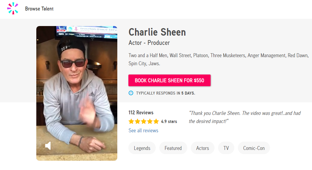El actor Charlie Sheen cobra USD 500 por un mensaje de felicitación. No es el mejor pago de esa red social (Foto: cameo.com)