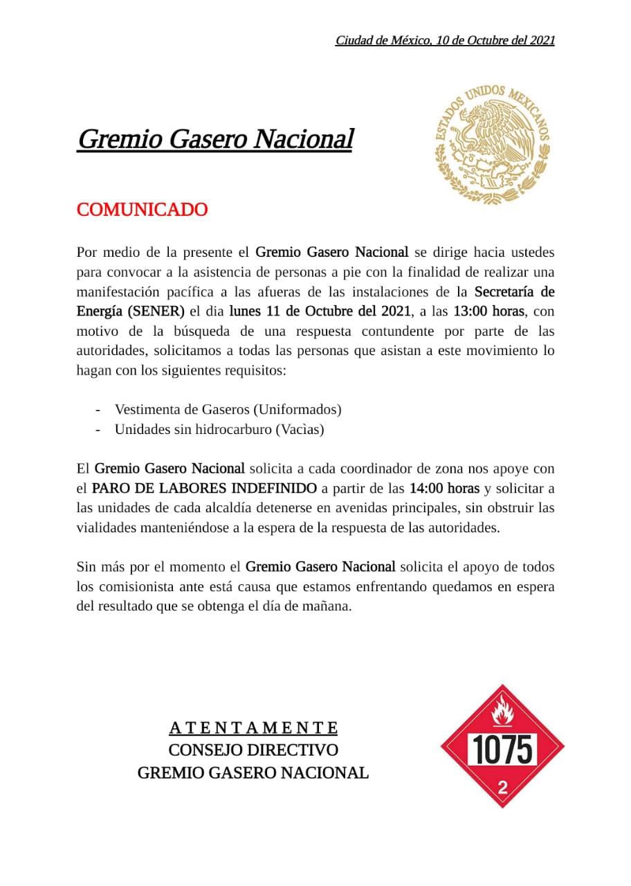 El Gremio Gasero Nacional informó que realizarán un paro de labores indefinido a partir de las 14:00 horas de este lunes. (Imagen: Twitter/ @IGAVIM)