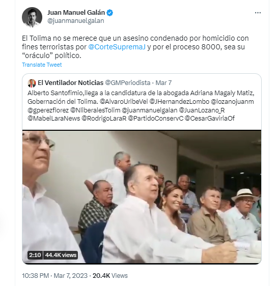 La aparición de Santofimio provocó el rechazo de Roy Barreras y Juan Manuel Galán. Twitter