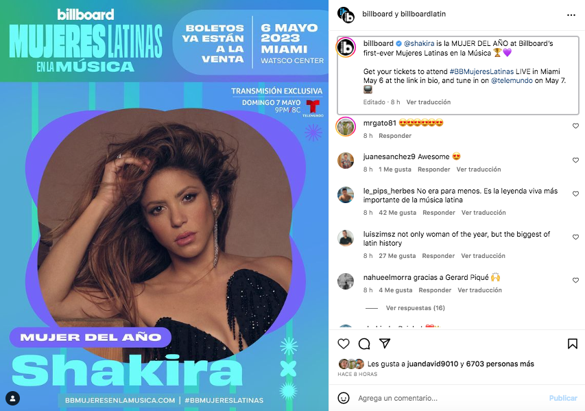 Shakira se convierte en la primera latina en ser nombrada "Mujer del Año" por la revista Billboard y con esto, suma otro logro más a su carrera musical. @billboardlatin/Instagram