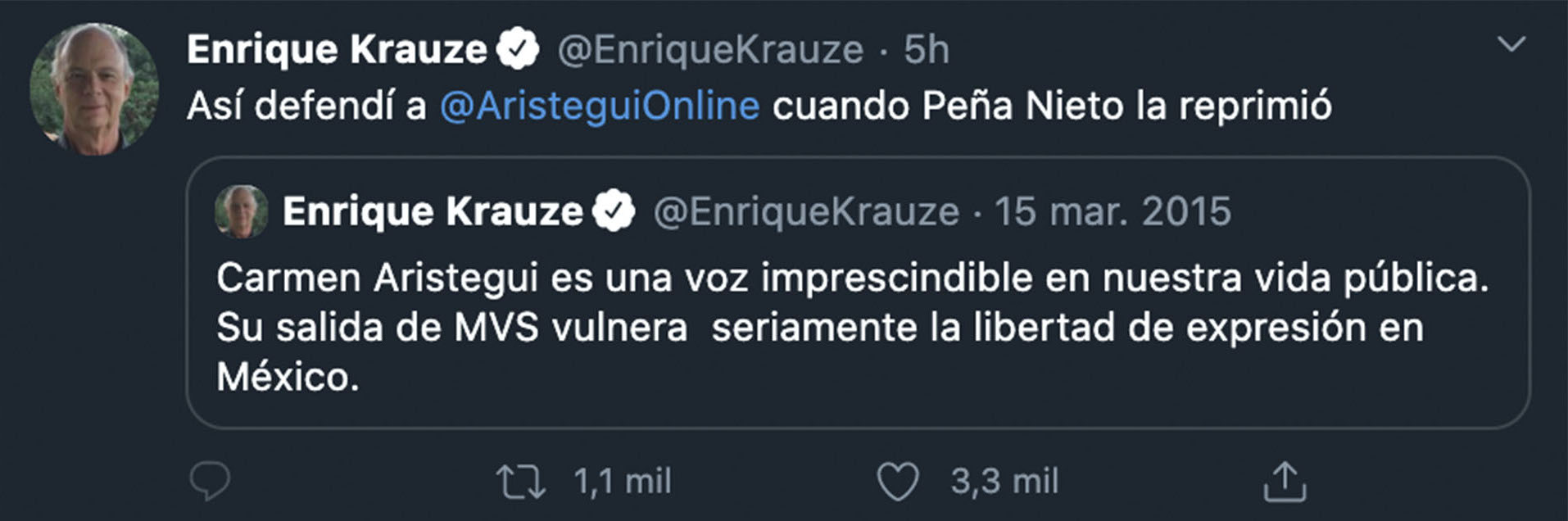 Karuze dejó en claro su defensa Aristegui cuando EPN la censuró por publicar el reportaje de La Casa Blanca (Foto: Twitter@EnriqueKrauze)