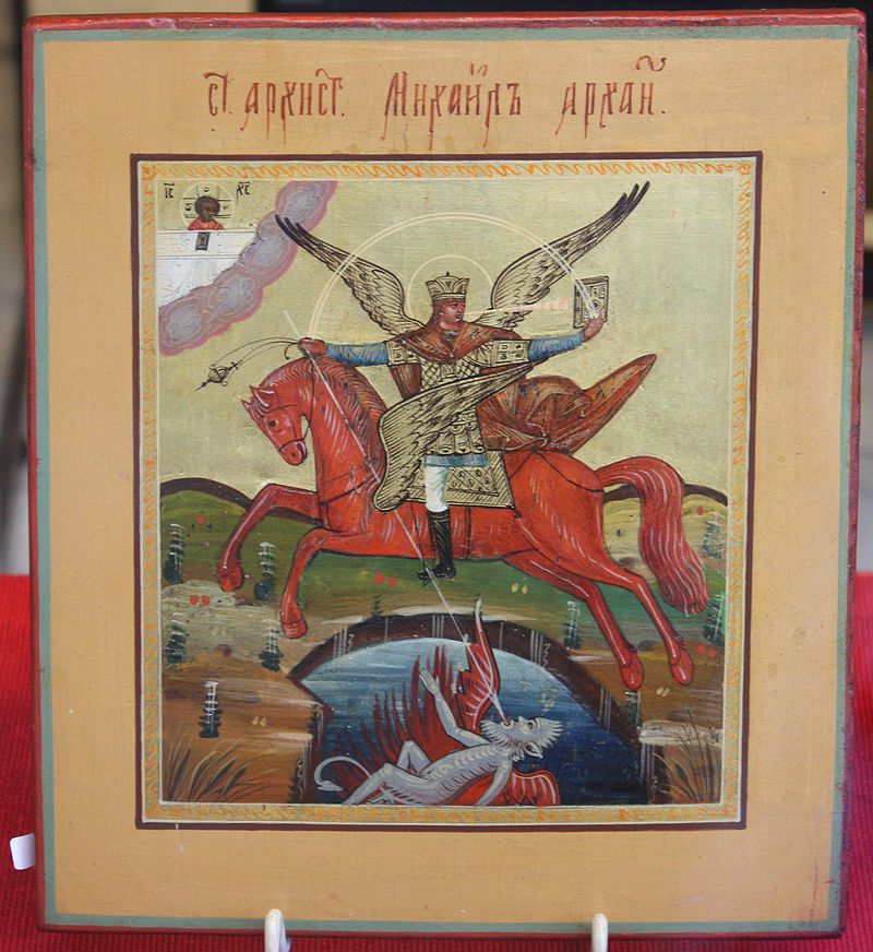 Ícono ruso del Arcángel Miguel matando al demonio