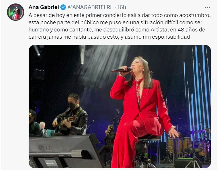 Ana Gabriel acusó "faltas de respeto" en medio de un show (Twitter)