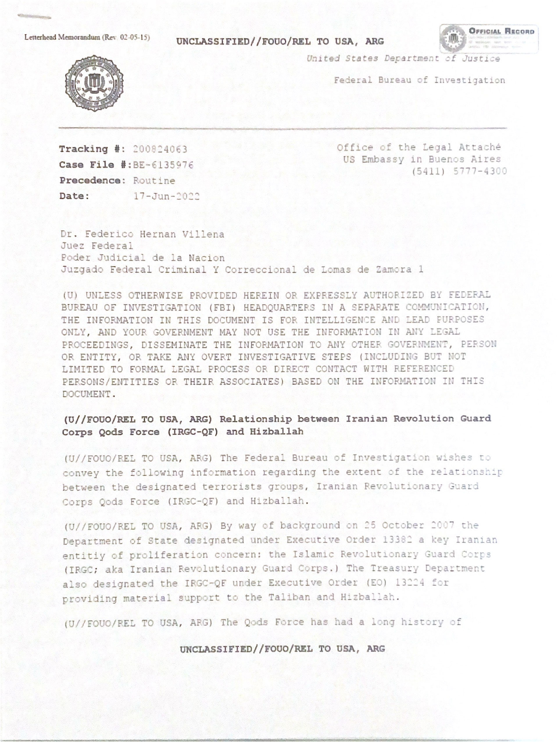 Facsímil del informe del FBI enviado a la justicia federal de la Argentina que describe las conexiones de la Fuerza Quds con el avión venezolano-iraní incautado en el aeropuerto internacional de Ezeiza