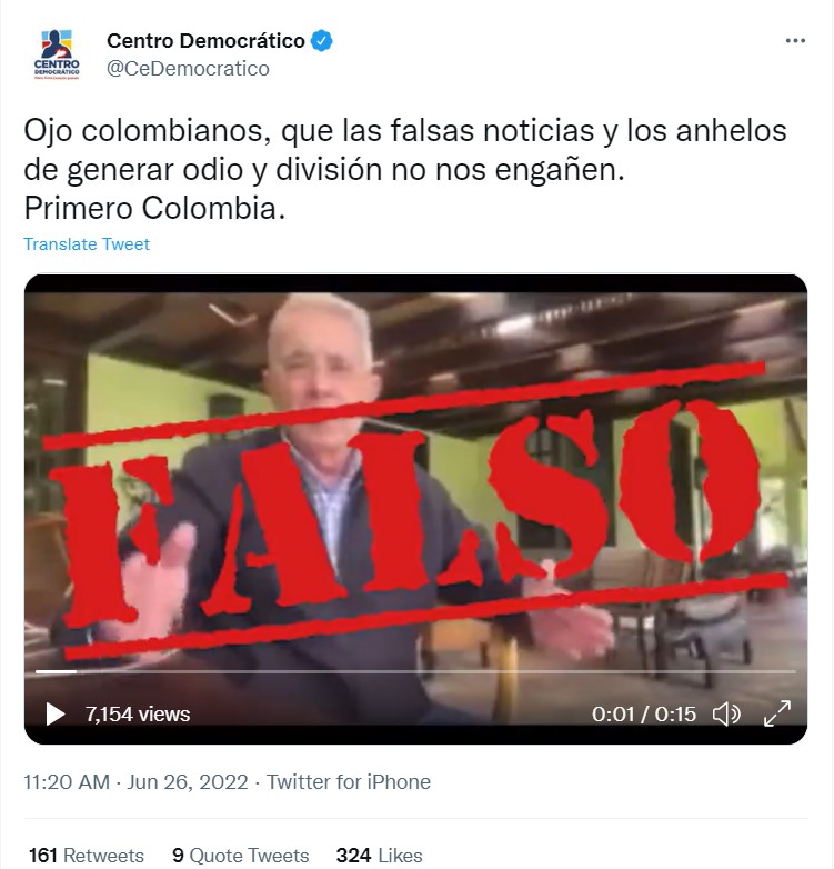 Centro Democrático denuncia falso video del expresidente Álvaro Uribe
