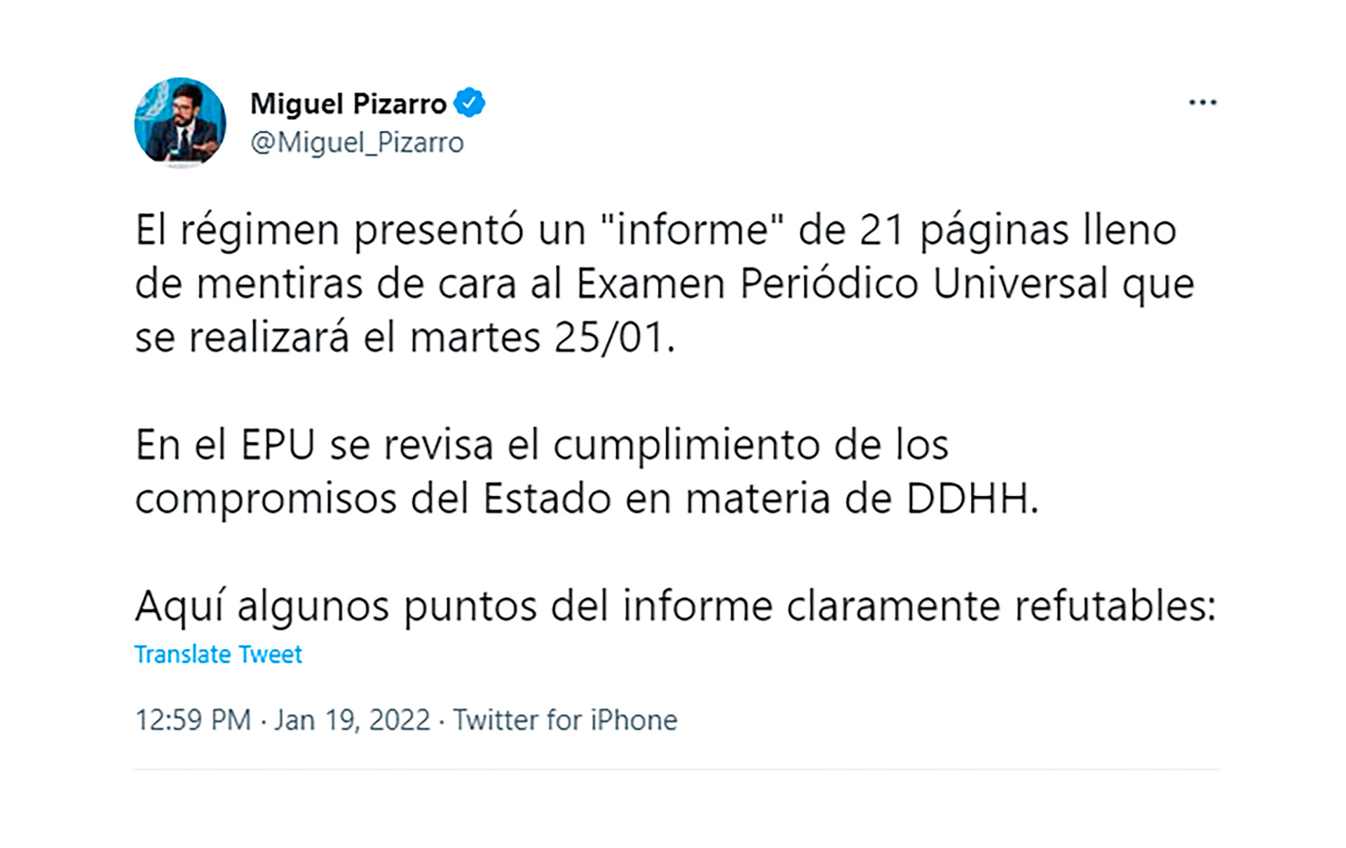 La denuncia de Miguel Pizarro sobre el informe presentado por Venezuela ante la ONU