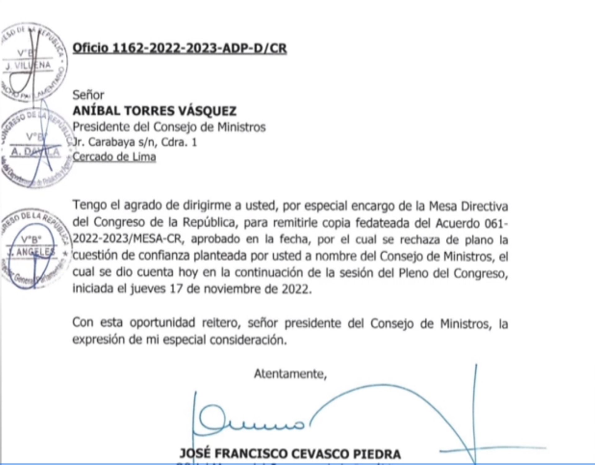 Congreso notifica a Aníbal Torres sobre rechazo de cuestión de confianza
