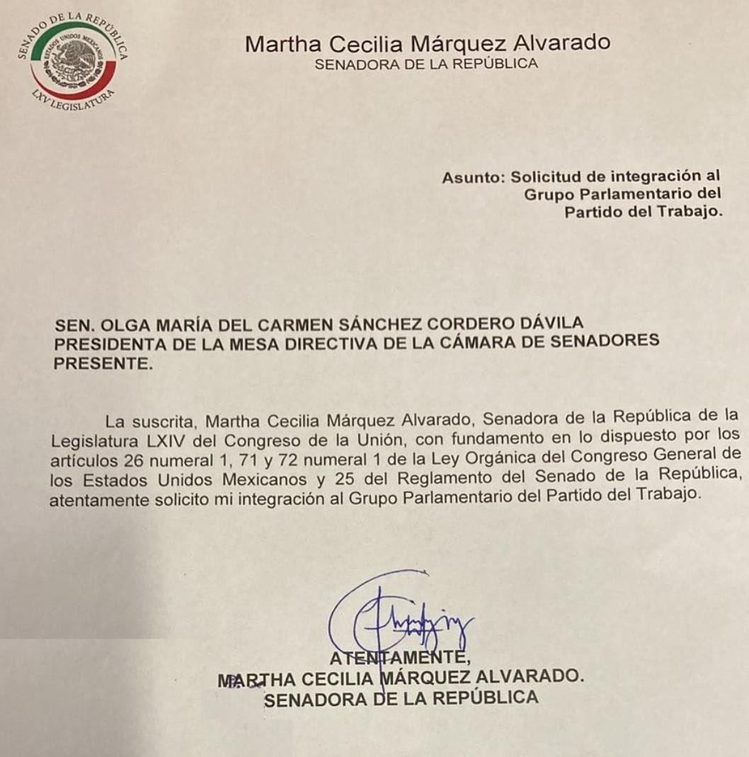 Martha Cecilia Márquez Alvarado decidió salir de la bancada parlamentaria del PAN para alinearse a la del PT (Foto: Twitter / @CarlosLoret)