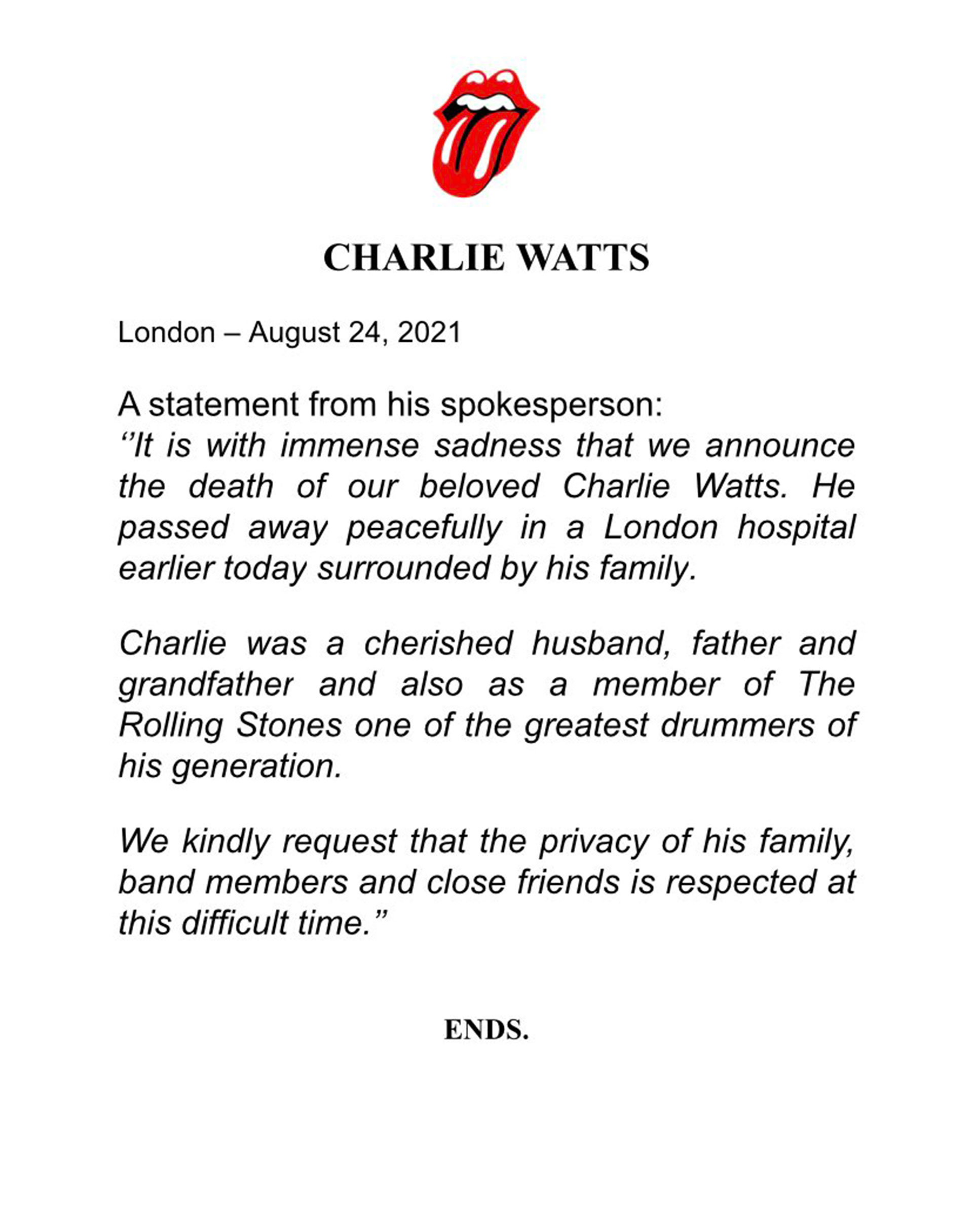 Murió Charlie Watts: así informó su agente la partida del baterista de los Rolling Stones - Infobae