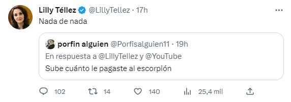 La senadora panista Lilly Téllez respondió a las acusaciones de usuarios en redes sociales, quienes aseguran que pagó para aparecer en entrevista con el polémico Escorpión Dorado . Foto: Twitter, @LillyTellez