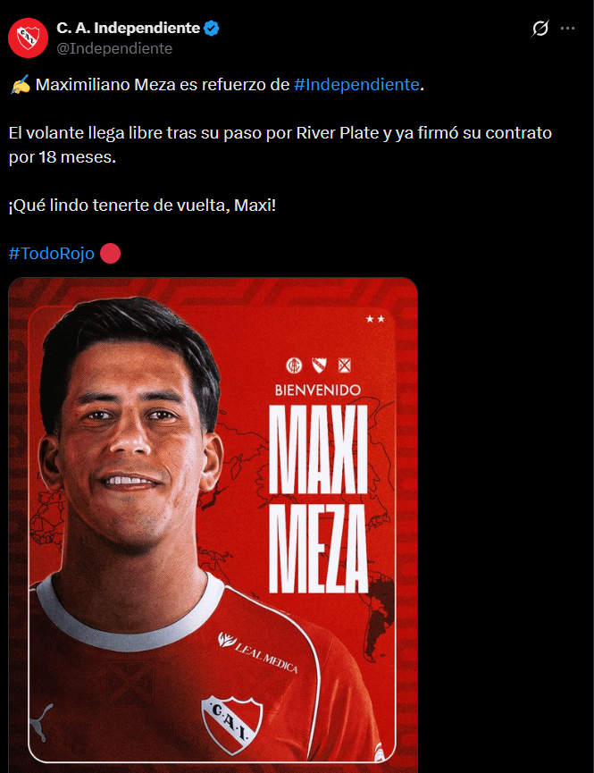 Tras quedar libre de River Plate, Maxi Meza confirm&oacute; su regreso a Independiente: 