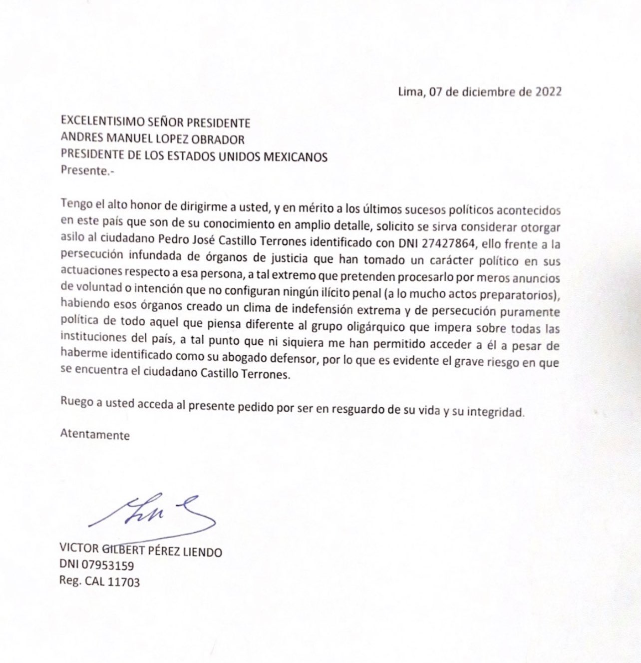 Carta del abogado de Pedro Castillo pidiendo asilo a México