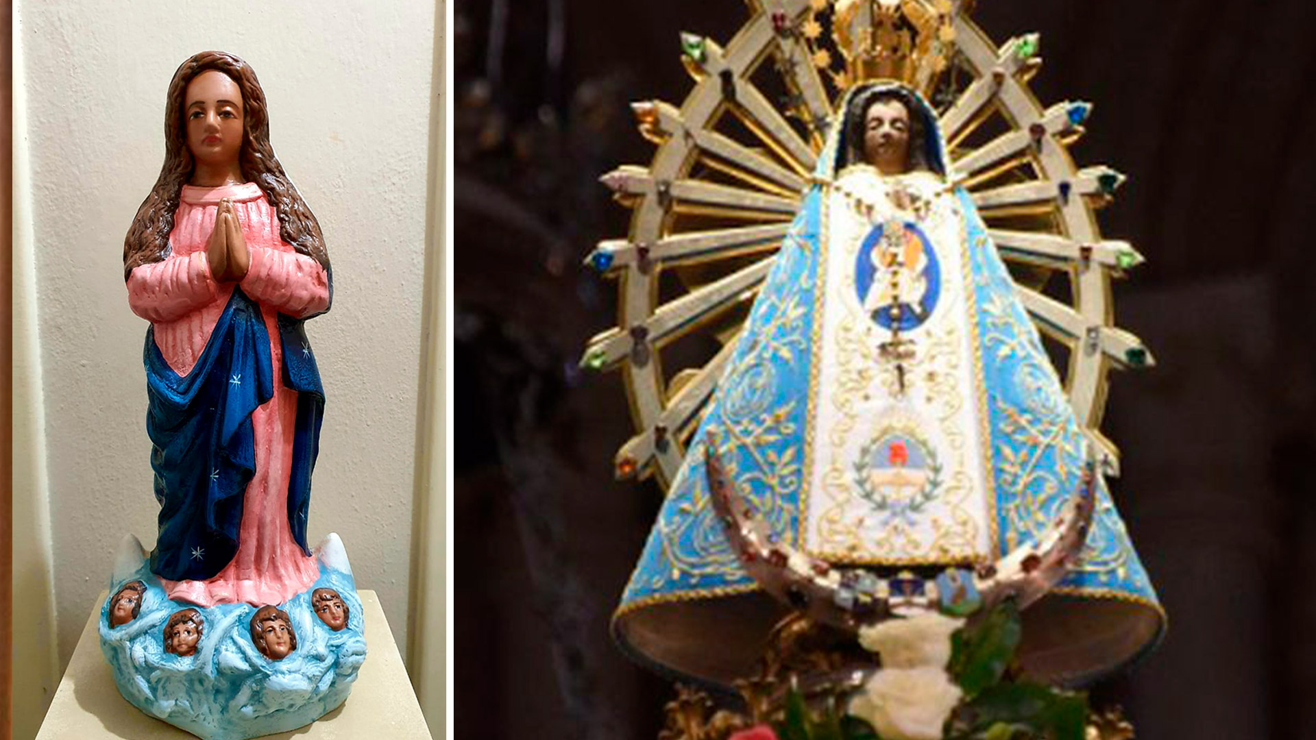 Una réplica de la imagen original de la Virgen de La Inmaculada Concepción que se envió desde Brasil, y a la derecha, la actual Virgen de Luján