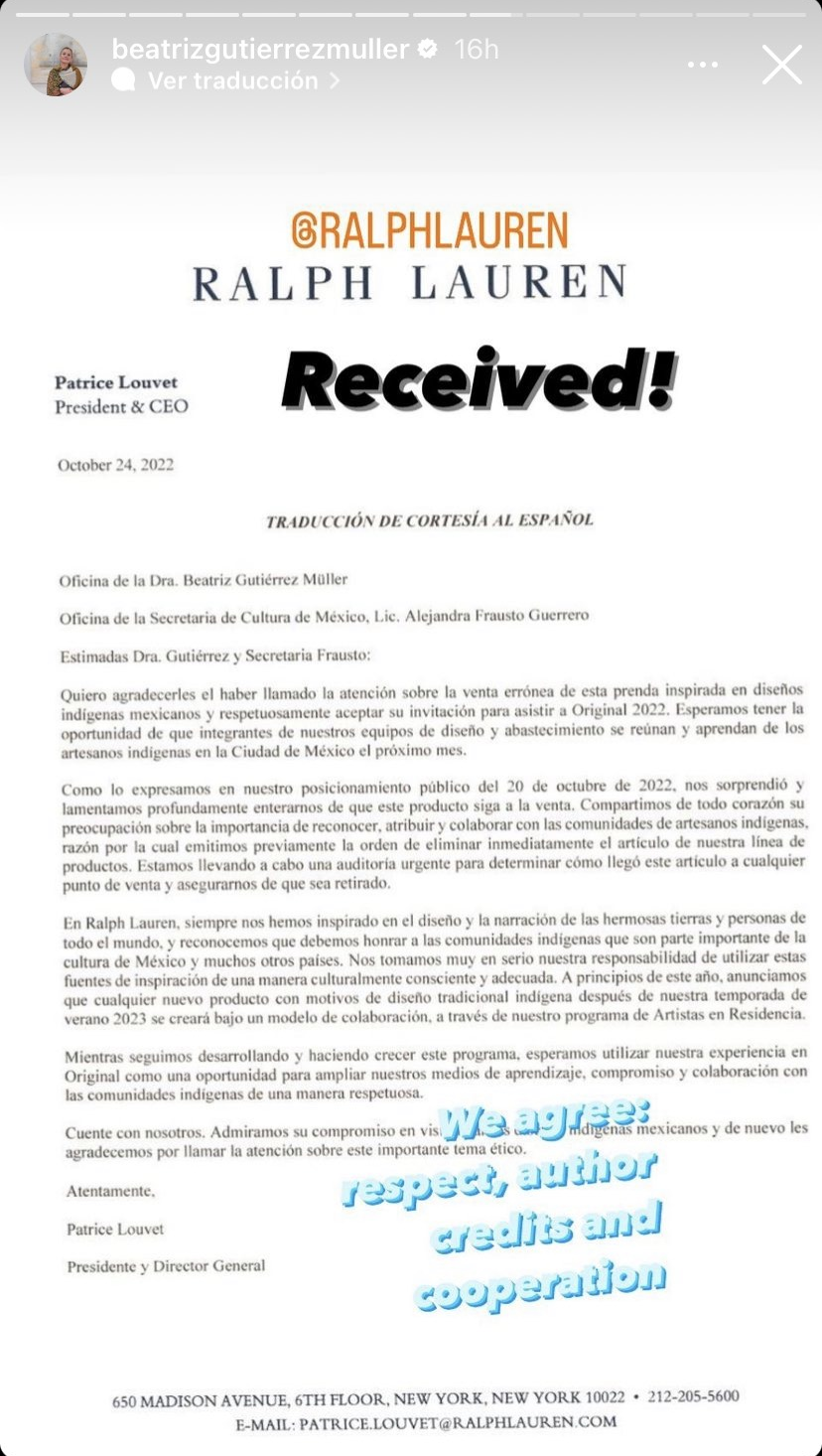 Con una carta en español, la reconocida marca admitió el plagio de diseños originarios de comunidades mexicanas en la prenda exhibida por la esposa de AMLO (Foto: Captura de pantalla Instagram)