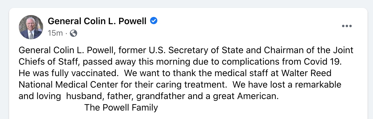 Colin Powell, former US secretary of state, died of coronavirus
