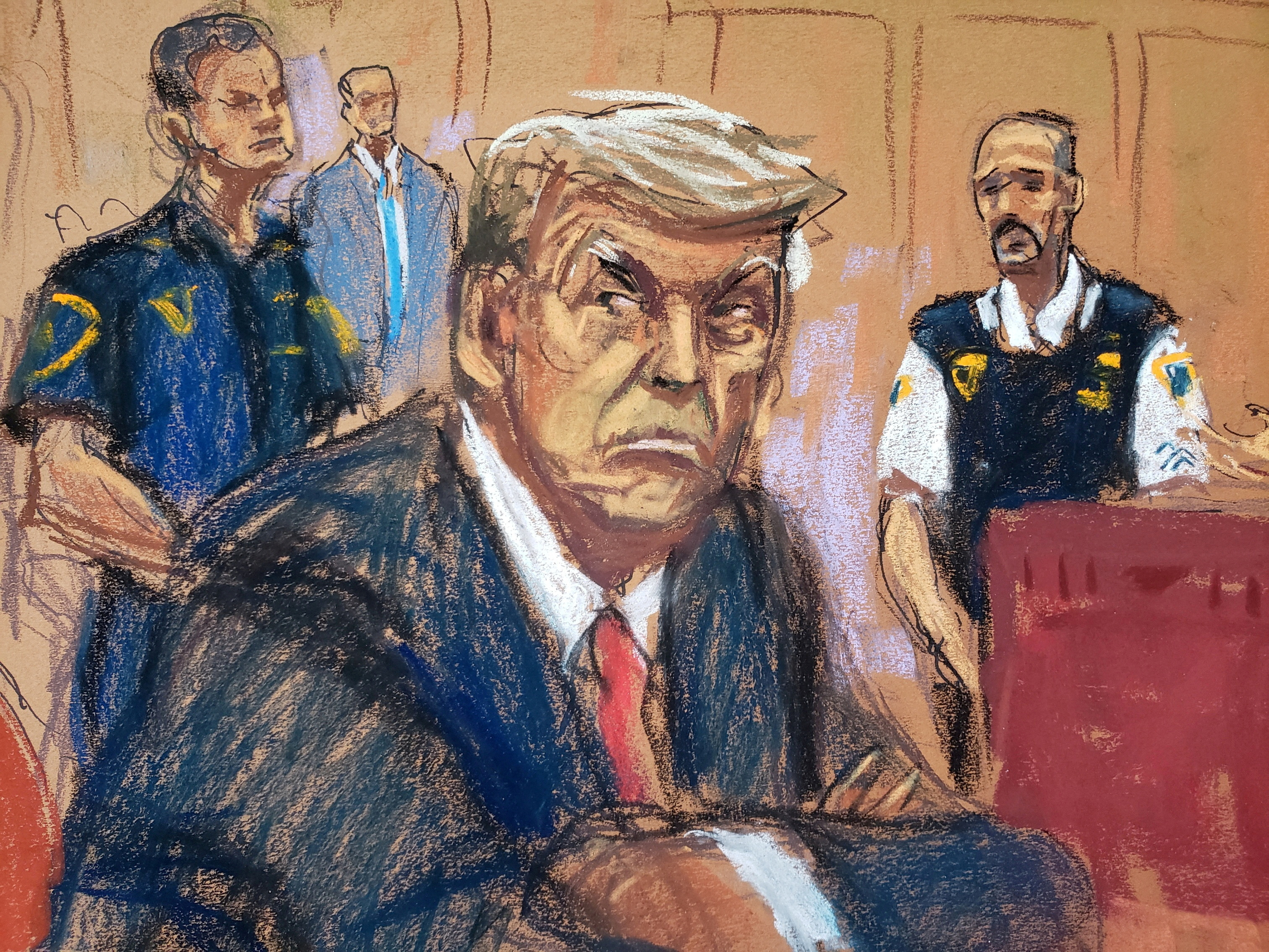Portrait of Trump in court by an authorized cartoonist (Jane Rosenberg/Reuters)