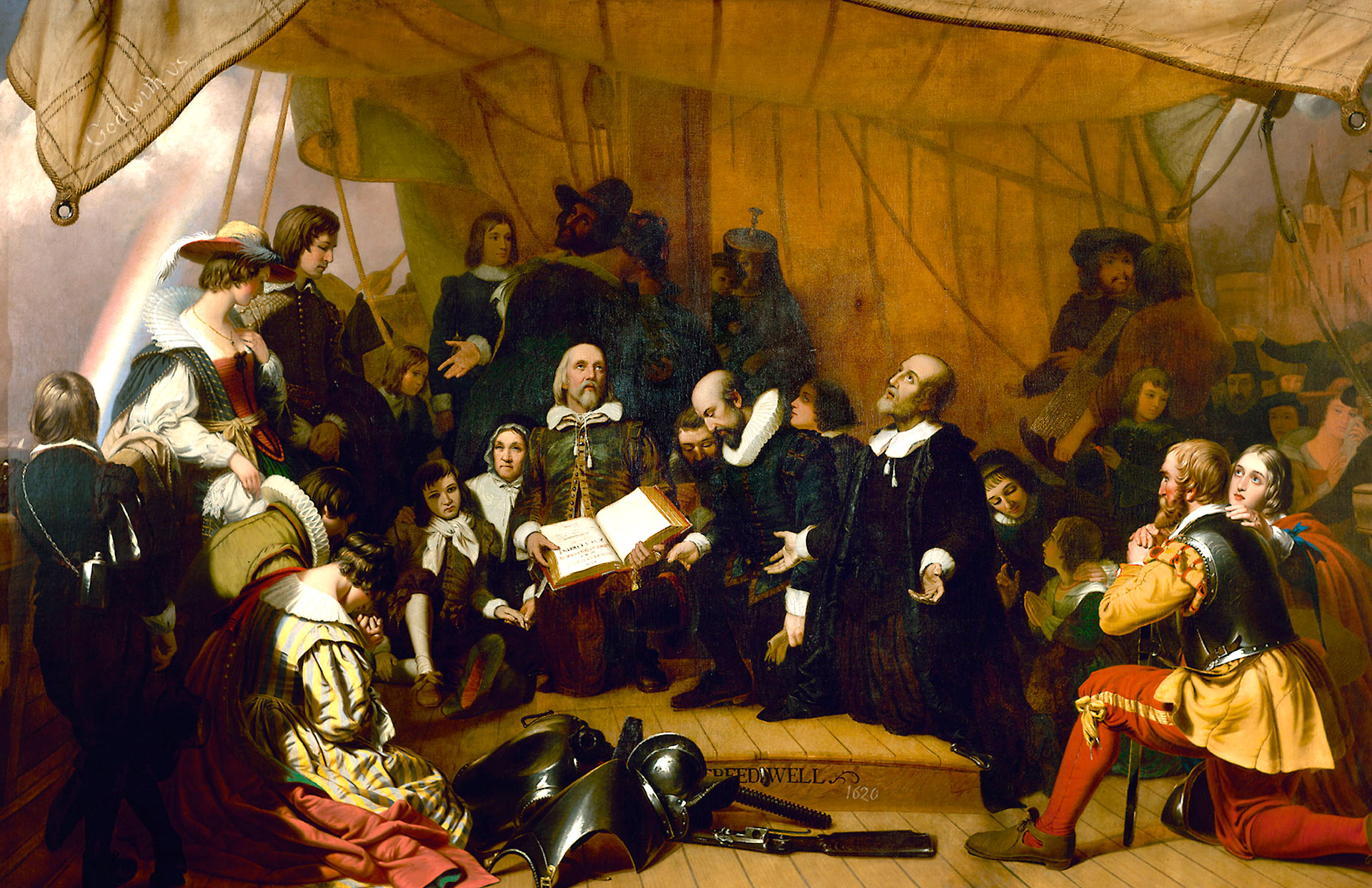 Cuadro de Robert W. Weir que muestra a los peregrinos protestantes en la cubierta del barco Speedwell antes de su salida Leiden, Holanda, el 22 de julio de 1620 (Wikimedia Commons)