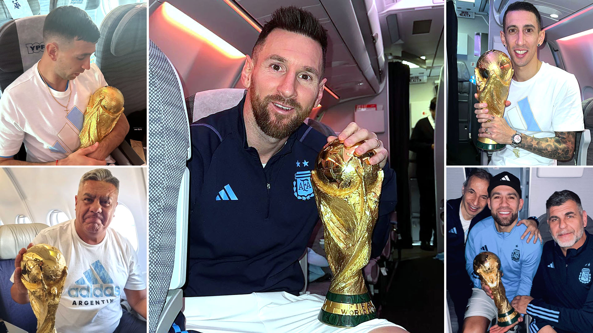 La Selección con la Copa del Mundo en el avión rumbo a Buenos Aires (Redes sociales)