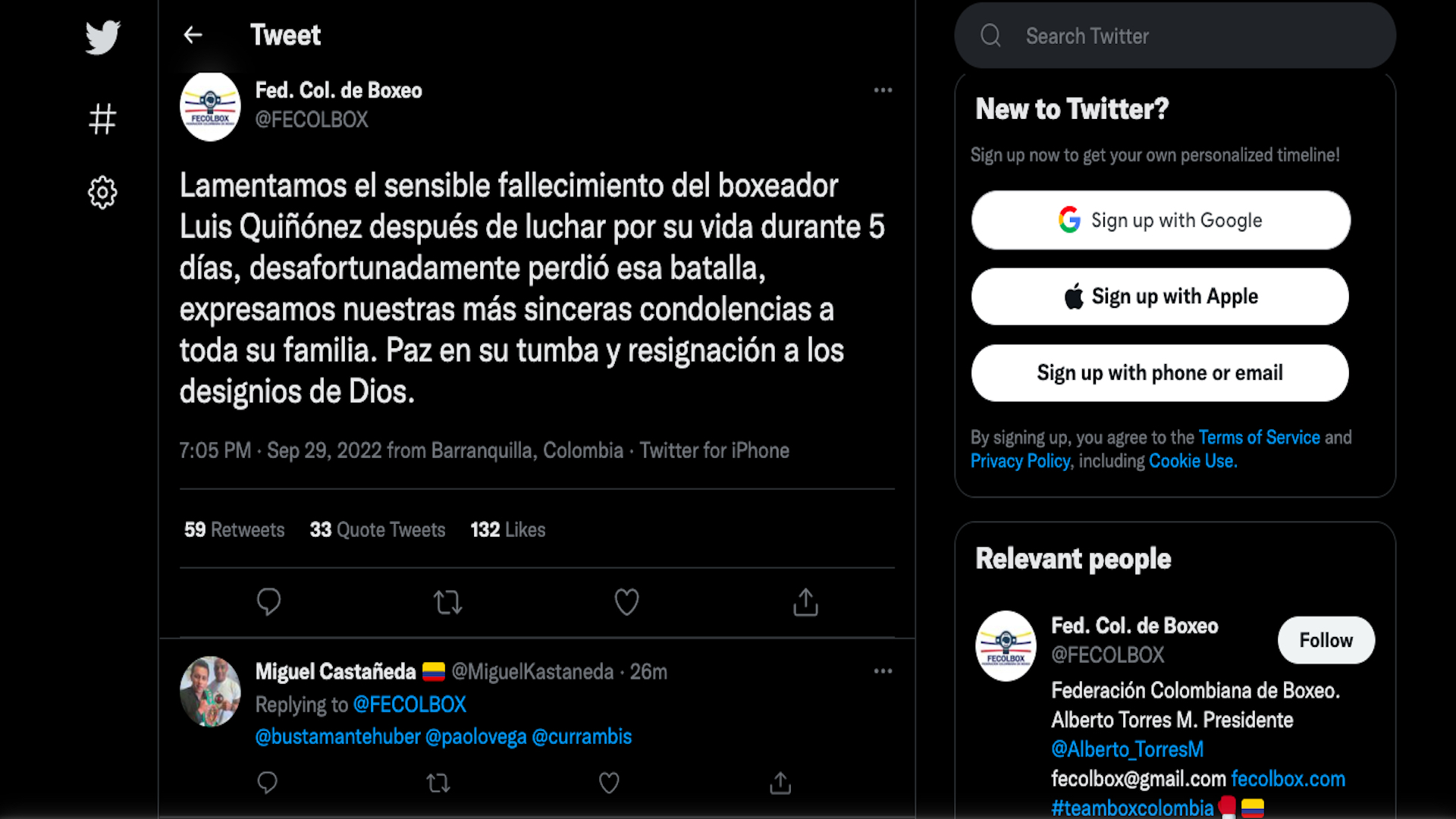 Confirmación de la muerte de Luis Quiñones por parte de la Federación Colombiana de Boxeo / (Twitter: @FECOLBOX)