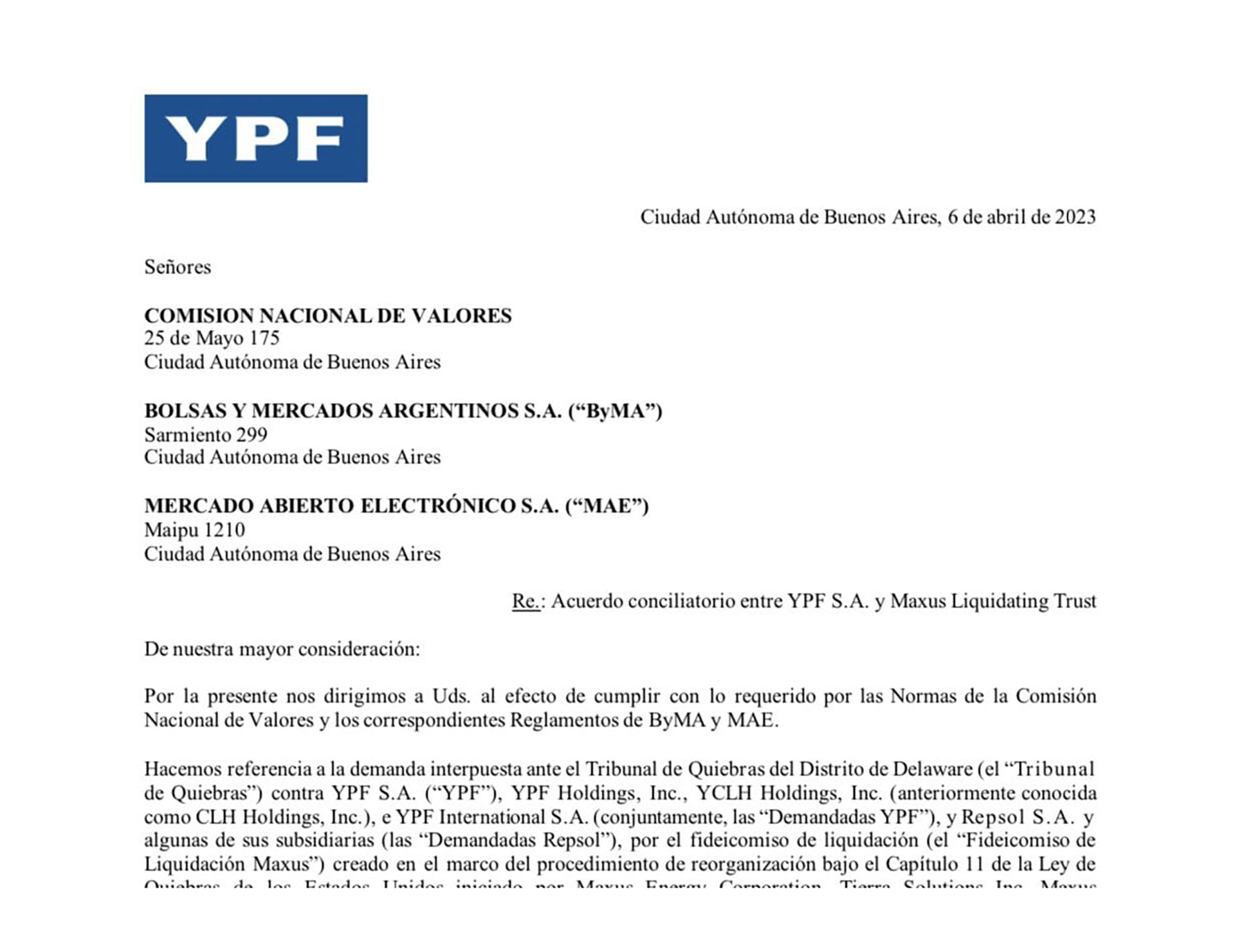 YPF informó a la CNV sobre el acuerdo alcanzado
