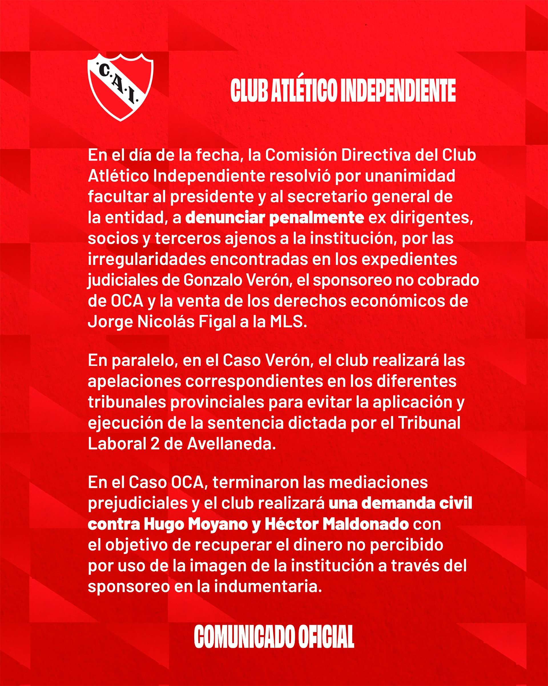 El comunicado completo de Independiente