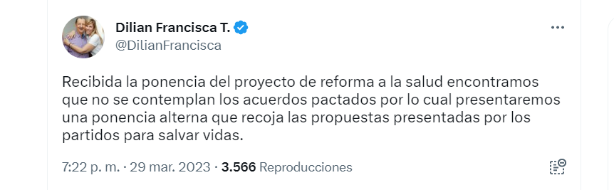 La directora de la U anunció que presentará una ponencia alterna que incluya las propuestas de los partidos. Twitter.