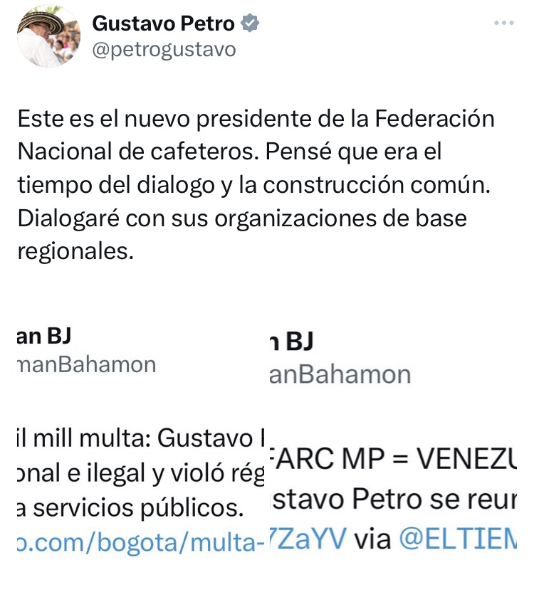 Tuit de Gustavo Petro sobre comentarios de Germán Bahamón Jaramillo.