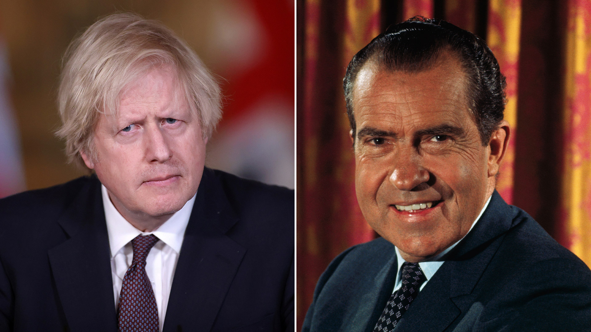 El primer ministro del Reino Unido, Boris Johnson y el ex presidente de los Estados Unidos, Richard Nixon (Infobae)