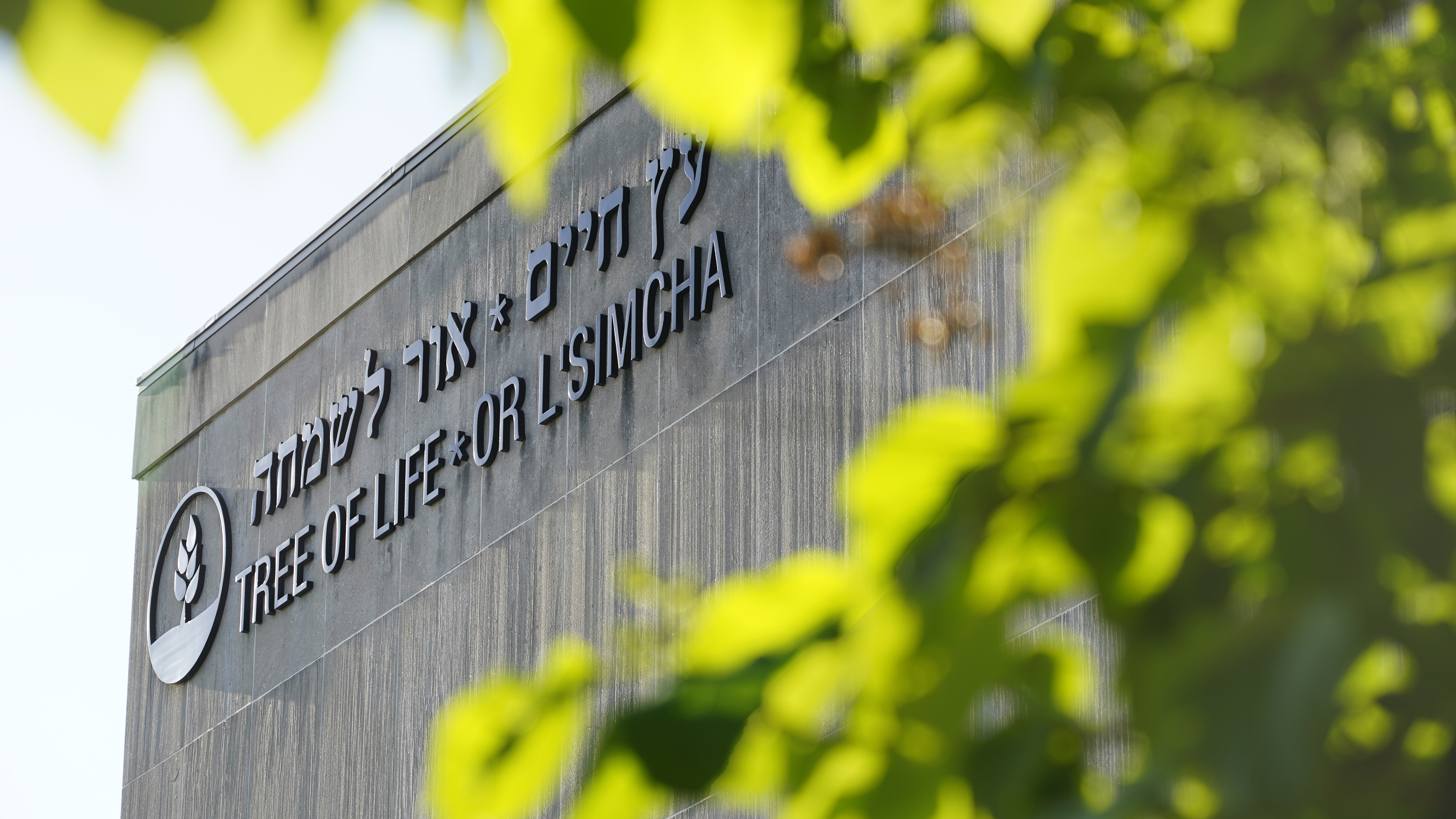 La señalización de la sinagoga Árbol de la Vida está enmarcada en el follaje de primavera el miércoles 19 de abril de 2023. (AP/Gene J. Puskar)