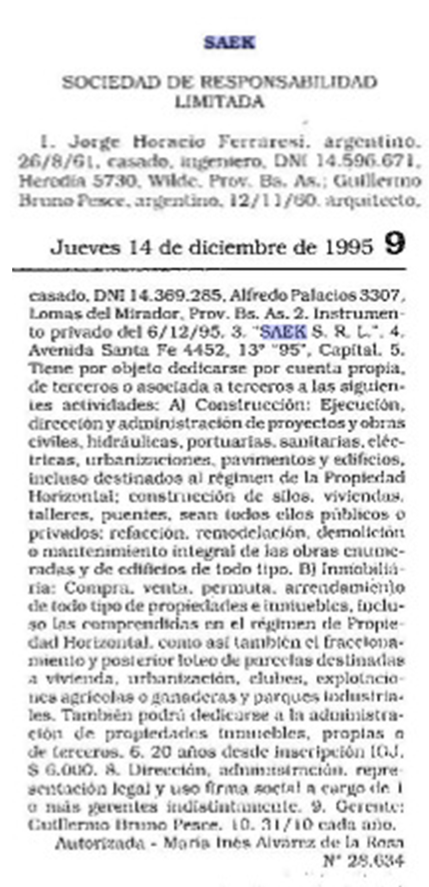 El Boletín Oficial de diciembre de 1995 en que apareció publicada la constitución de SAEK SRL, y aparece Ferraresi como socio fundador.