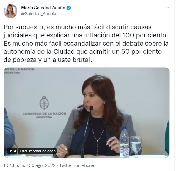 Acuña cuestionó que la vicepresidenta debata la autonomía de la Ciudad y no admita el 50% de pobreza