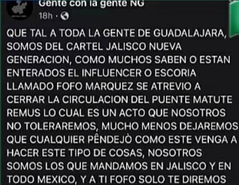 The alleged threat of the CJNG against "Solution" Márquez (Photo: Facebook / People with the people NG) 