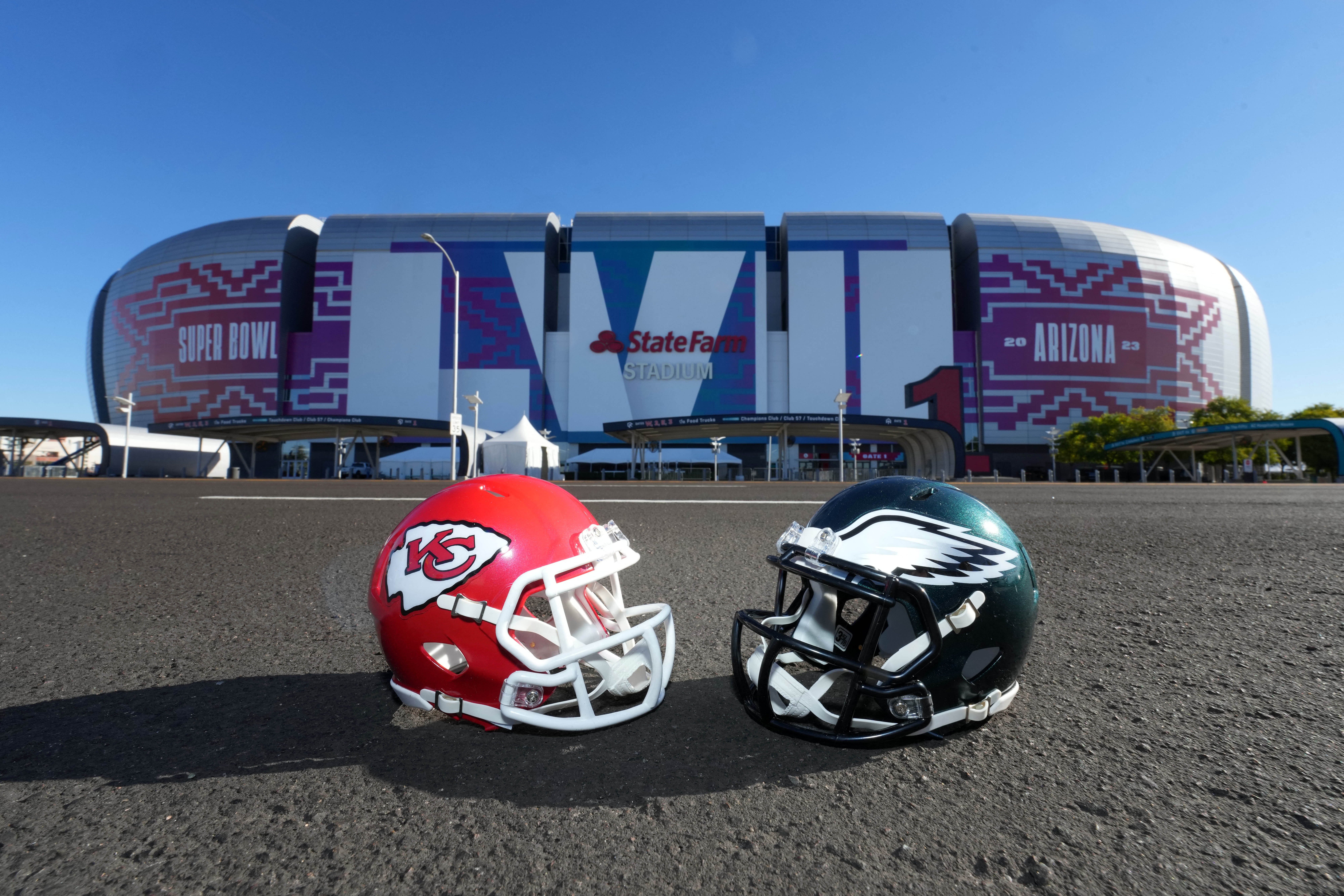 Feb 7, 2023; Phoenix, AZ, USA; The helmets of the Kansas City Chiefs and the Philadelphia Eagles prior to Super Bowl 57 at State Farm Stadium. Mandatory Credit: Kirby Lee-USA TODAY Sports