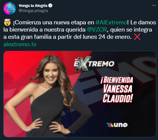 Vanessa Claudio se suma a Al Extremo Foto: Twitter/@VengaLaAlegría