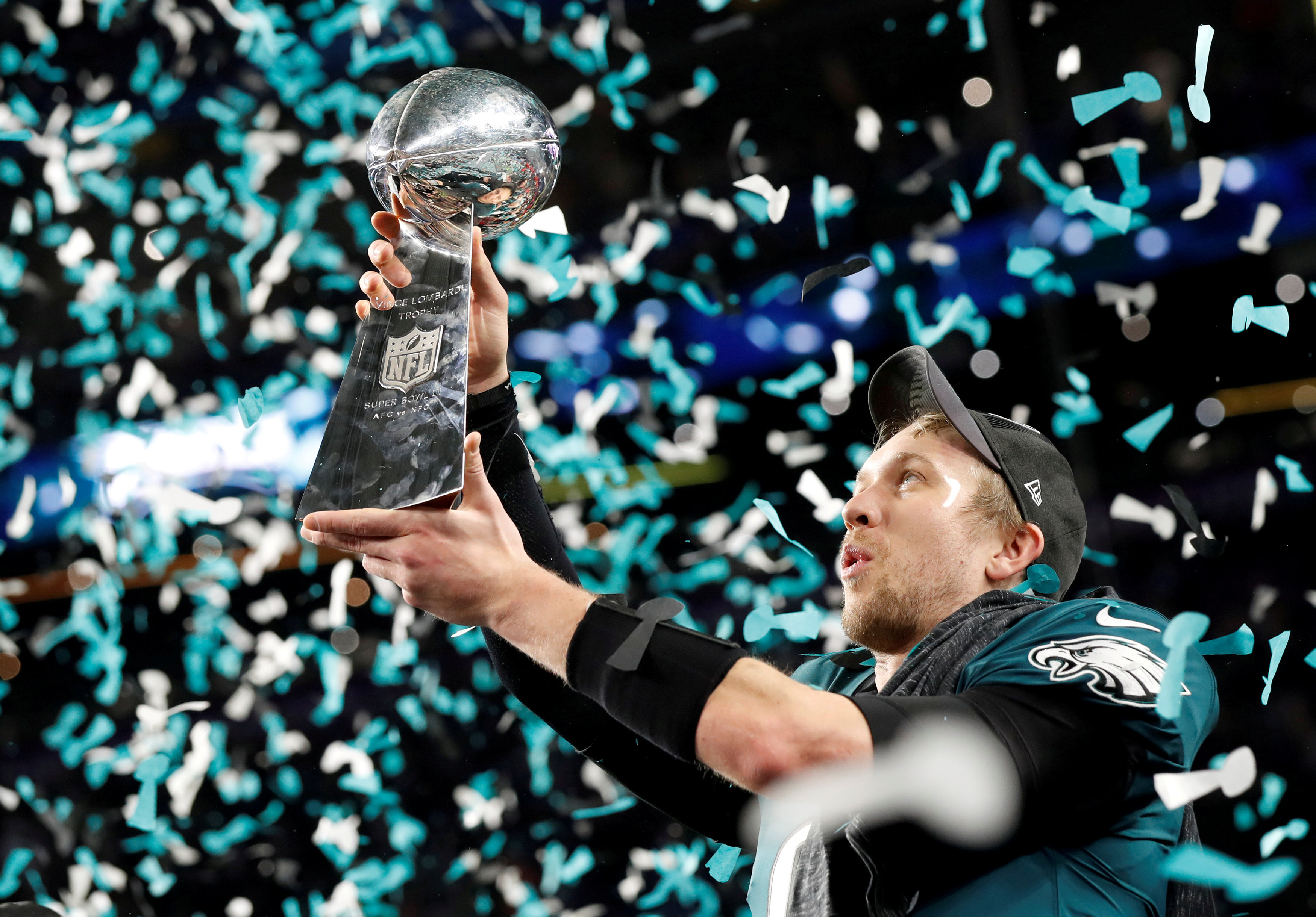 FILE PHOTO: Philadelphia Eagles' Nick Foles celebrates with the Vince Lombardi Trophy after winning Super Bowl LII  REUTERS/Kevin Lamarque/File Photo