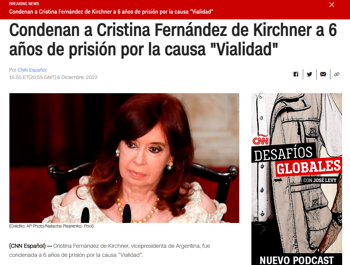 Captura de pantalla de la nota de la CNN sobre la condena de Cristina Fernández de Kirchner