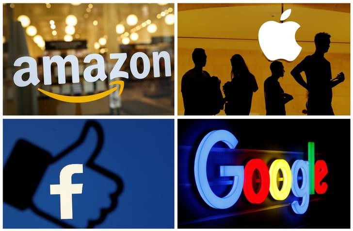 IMAGEN DE ARCHIVO. Una combinación de los logos de Amazon, Apple ,Facebook y Google (REUTERS)