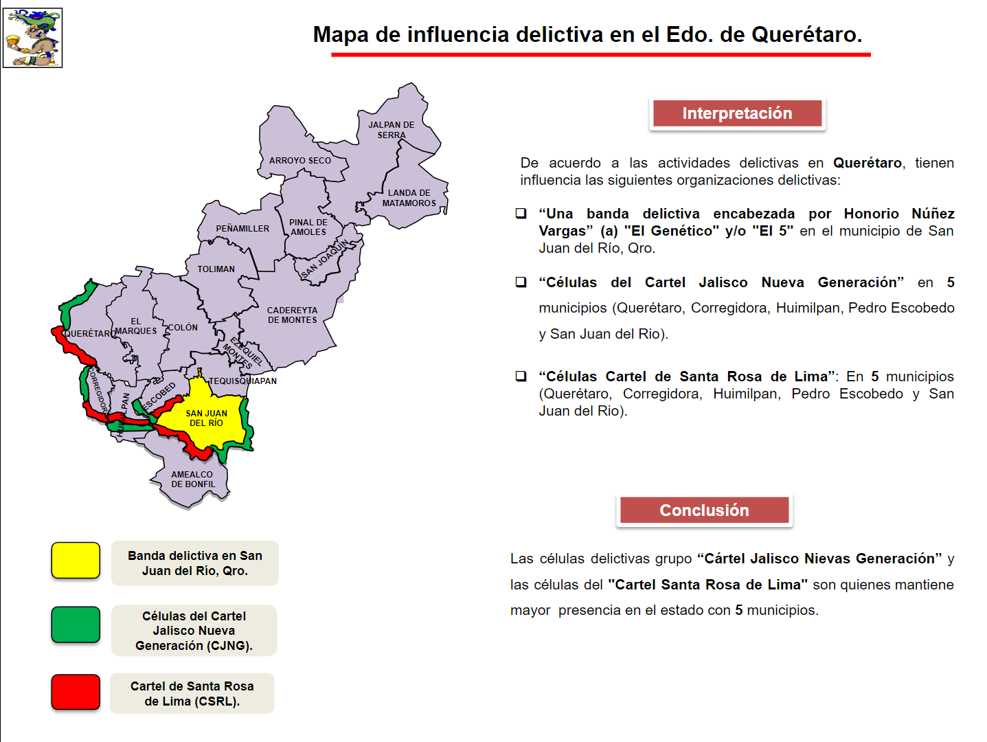 El mapa del  narco en Querétaro, según la Sedena (Captura del documento filtrado por grupo Guacamaya)