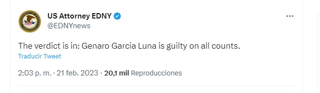 Victoria para la jusitica estadounidense luego de que Genaro García Luna fue declarado culpable de cinco cargos (Foto: Twitter@EDNYnews)