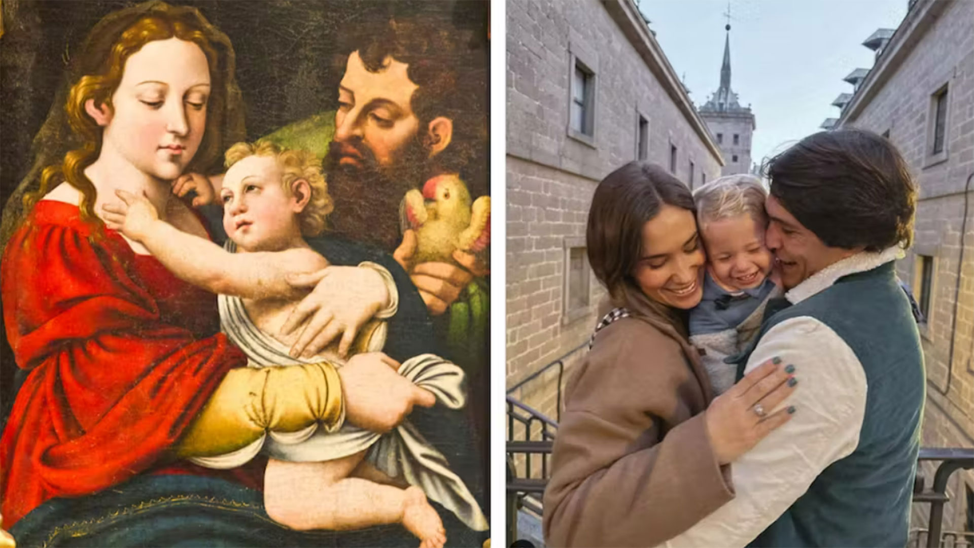 A la izquierda, retrato de la Sagrada Familia atribuido a Juan de Juanes. A la derecha, fotografía de Instagram de la influencer María Pombo con su familia (Museo Diocesano de Huesca/Instagram María Pombo)