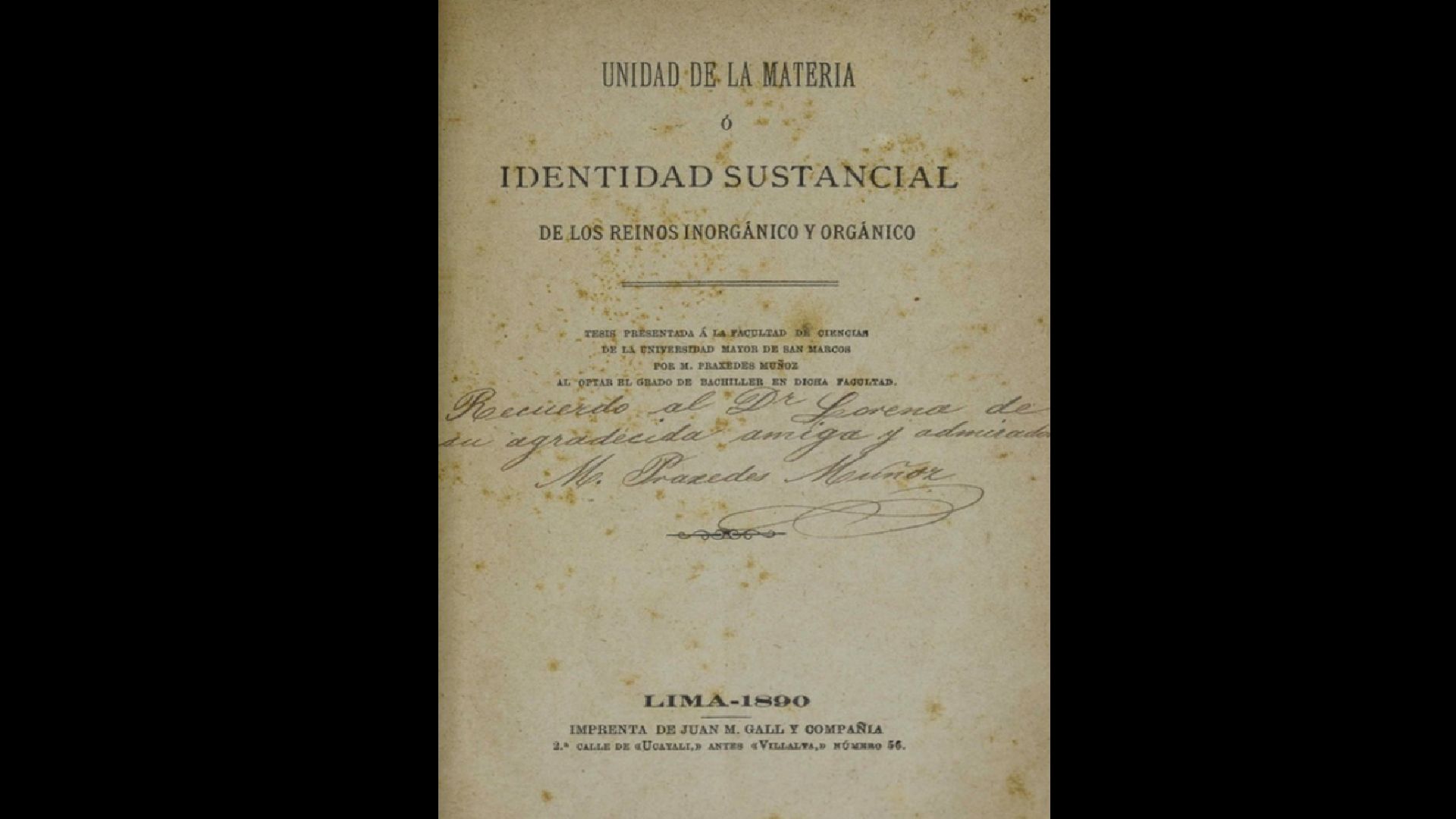 Tesis “La unidad de la materia o identidad de origen de los reinos inorgánico y orgánico” de Margarita Práxedes Muñoz (Archivo de la Biblioteca Nacional del Perú).