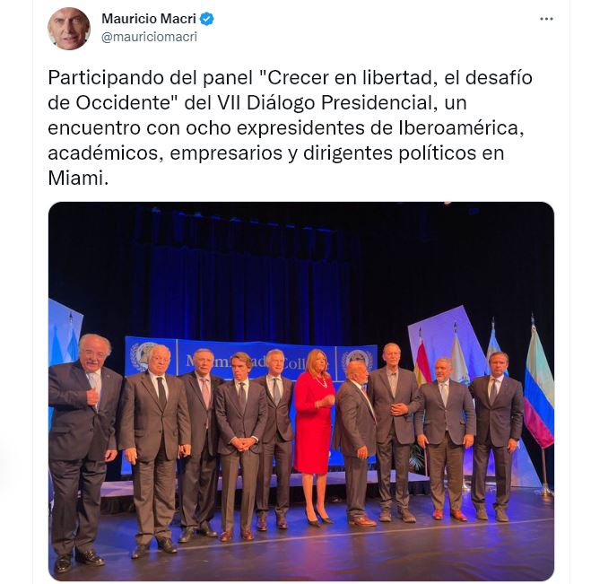 Tuit de Mauricio Macri en el panel "Crecer en libertad, el desafío de Occidente" del VII Diálogo Presidencial