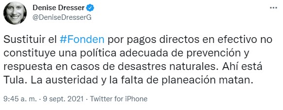 Denise Dresser criticó la desaparición del FONDEN en una publicación de Twitter del Gobierno de México. (Imagen Twitter/@DeniseDresserG)