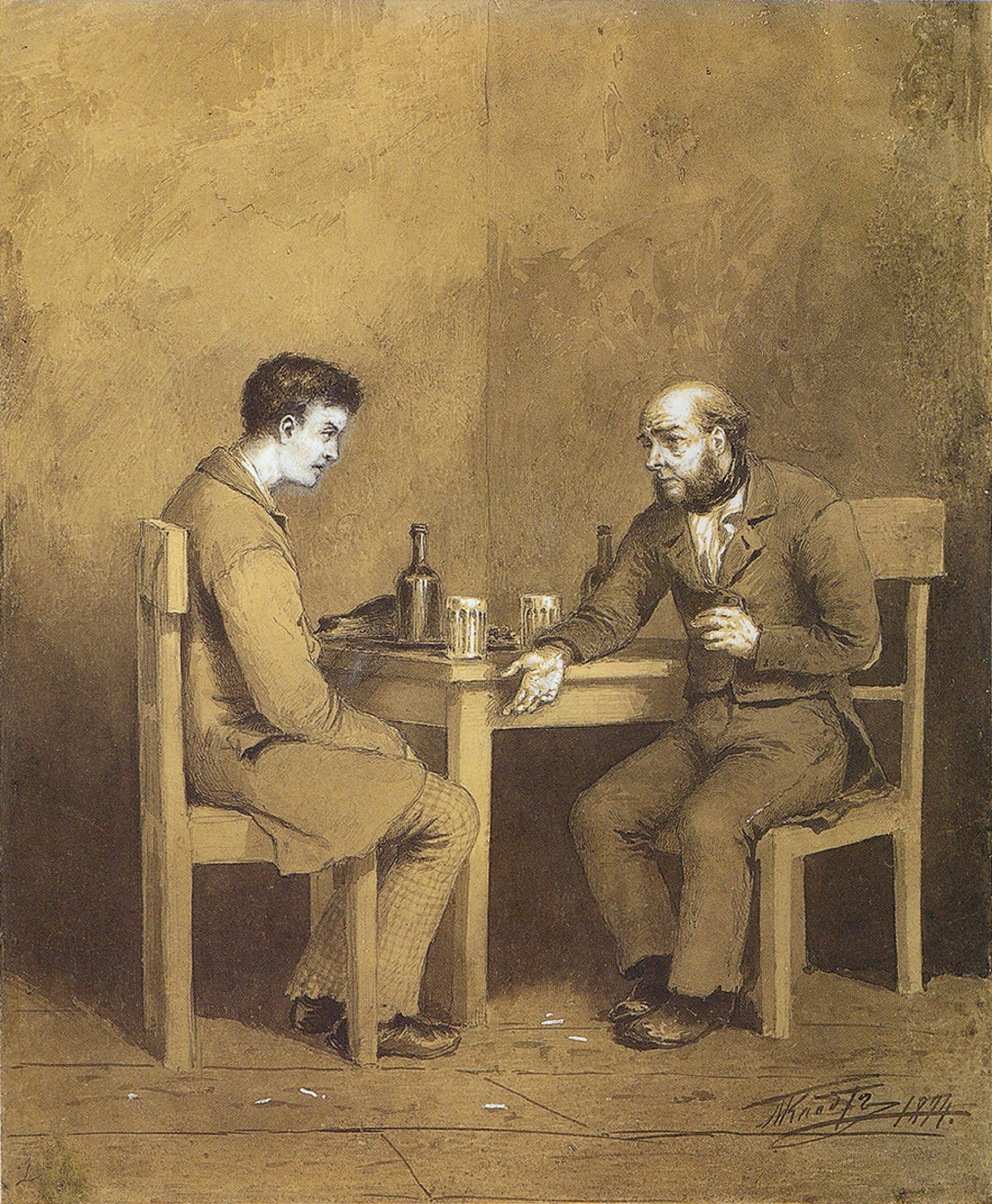 Raskólnikov y Marmeládov, personajes de “Crimen y castigo”, ilustrados por Mijaíl Klodt