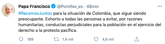 Uno de los mensajes del Papa Francisco dirigido al pueblo colombiano en su cuenta de Twitter. Pantallazo @Pontifex_es.