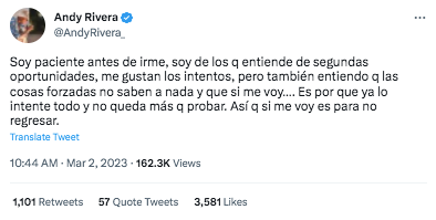Andy Rivera compartió un emotivo mensaje y las redes sociales enloquecieron al especular que se trata de una indirecta para Lina Tejeiro. @AndyRivera_/Twitter